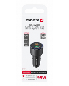 Зарядно за кола  SWISSTEN CL 2x USB-C PD + USB-A, 95W черен