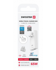 Адаптер за пътуване SWISSTEN GaN USB-C + USB-A 65W със сменяем щепсел, бял
