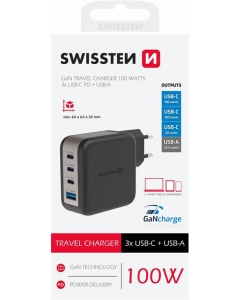 Мрежов адаптер SWISSTEN GaN 3x USB-C 100W PD + 1x USB-A 18W QC, черен