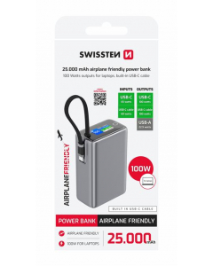 Външна батерия SWISSTEN 25000 mAh (96.25Wh) 100W с вграден USB-C кабел, сива