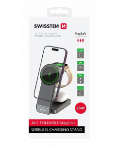 Сгъваемо безжично зарядно SWISSTEN MagFold 3в1 25W Черно (съвместимо с MagSafe)