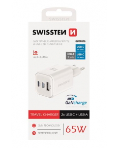 Мрежов адаптер SWISSTEN GaN 2x USB-C 65 W PD + 1x USB-A 18 W QC, бял